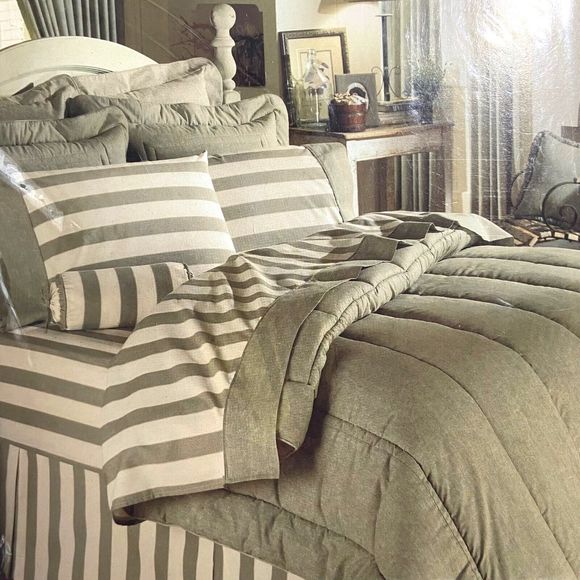 Vintage Croscill Queen Bedding Set Cotton Blend Denim Stripe 200 Luxury Percale - Picture 1 of 10